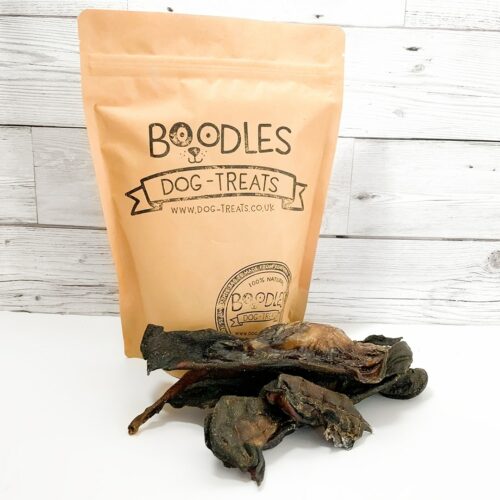 100% natural beef scalp dog chews in a boodles taster pouch