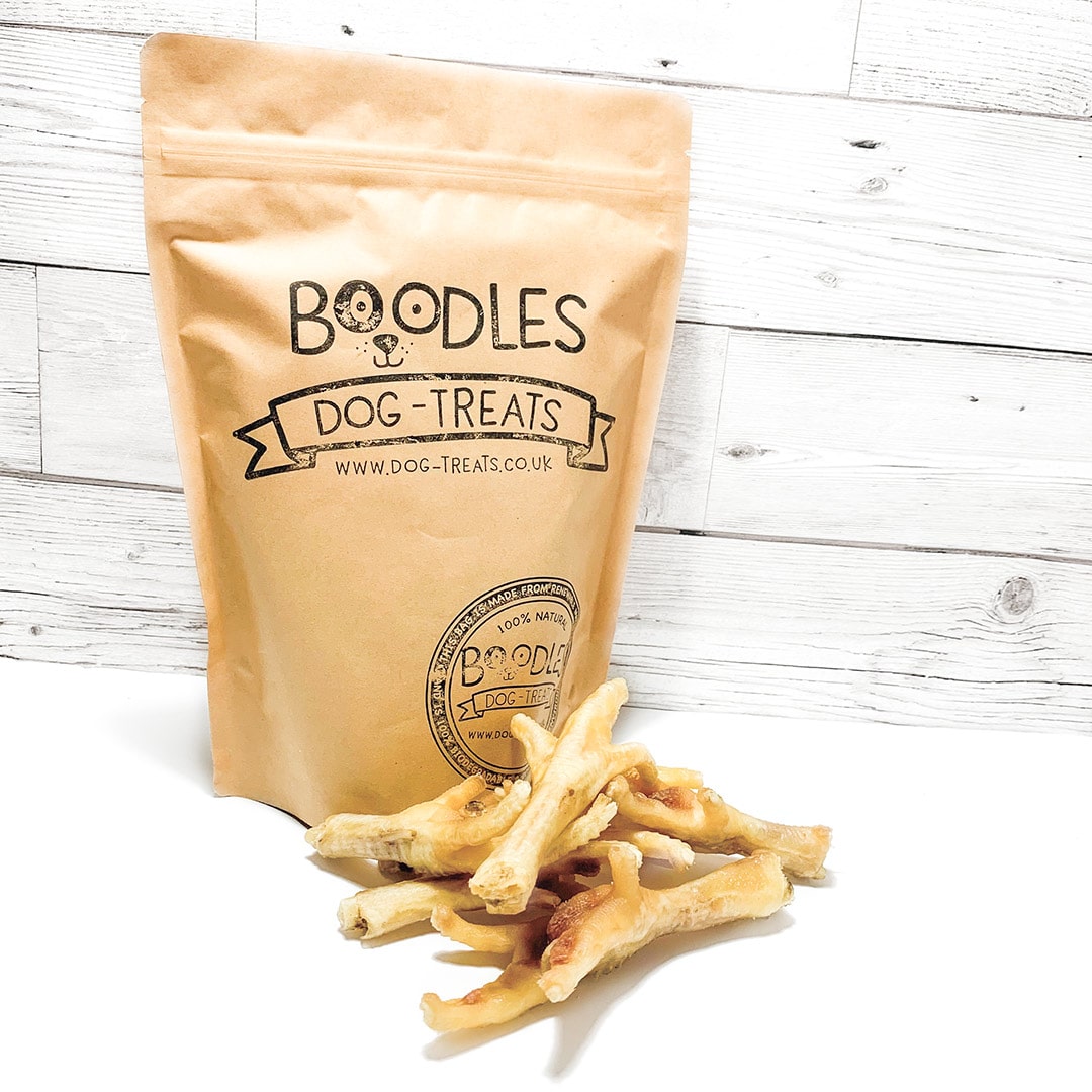Boodles Air dried chicken feet dog treats in a taster pouch