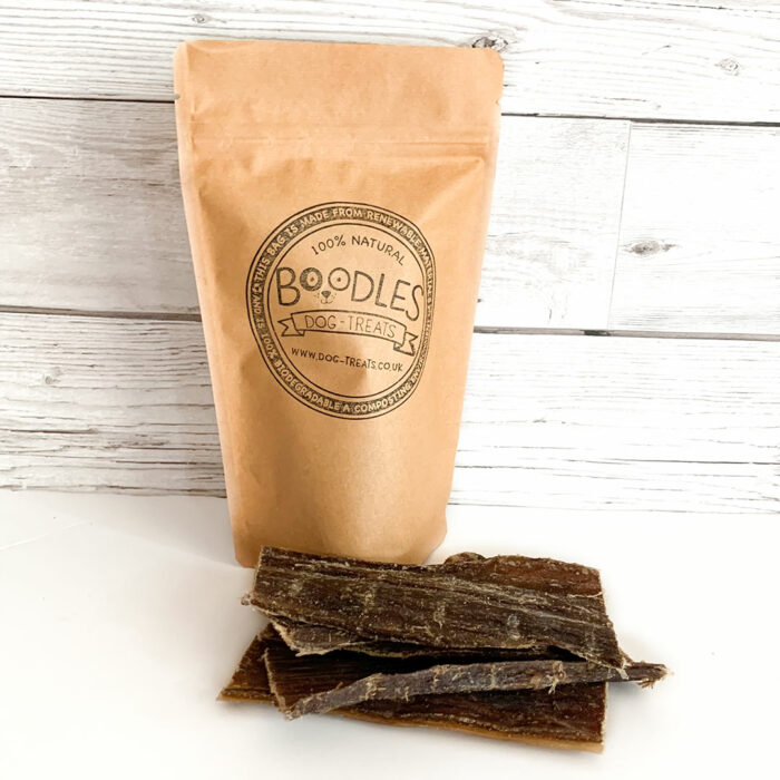 Boodles beef jerky flats dog chews in a biodegradable taster pouch