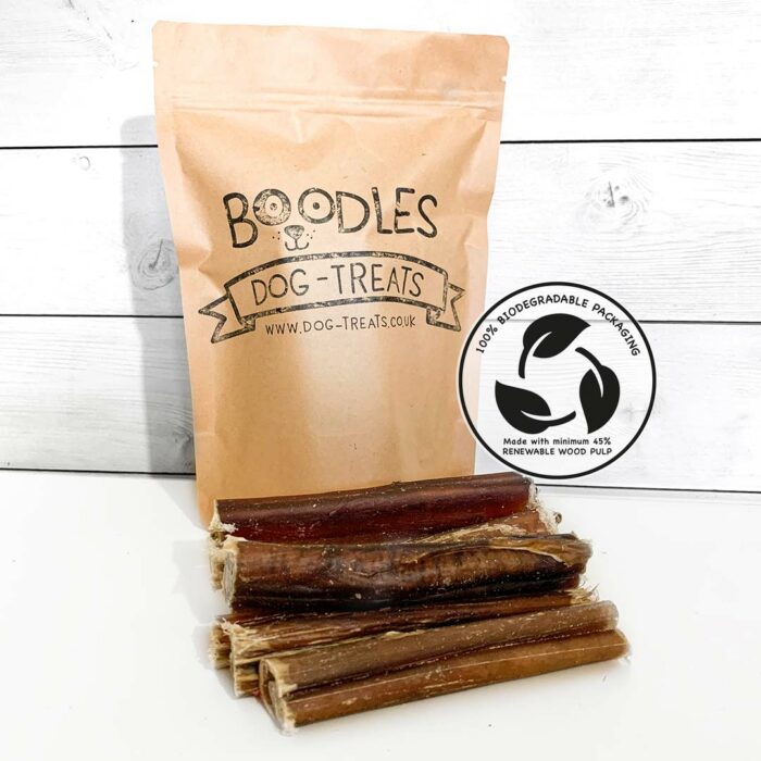 Boodles 100% natural bull pizzle sticks for dogs in brown sealable pouches