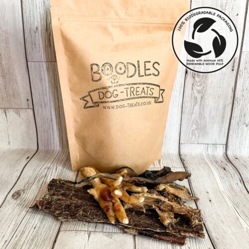 Boodles dog treats taster pouch - 100% biodegradable packaging and organic meat chews