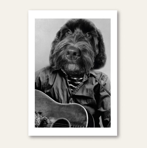 Personalised Bob Dylan dog portrait for pet gift ideas in black and white