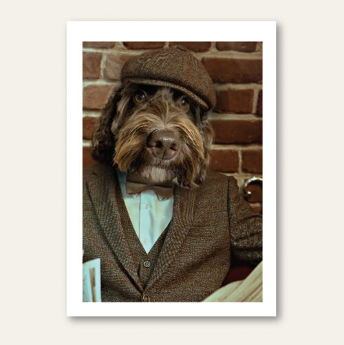 Peaky blinders personalised dog portrait gift idea with white frame in colour