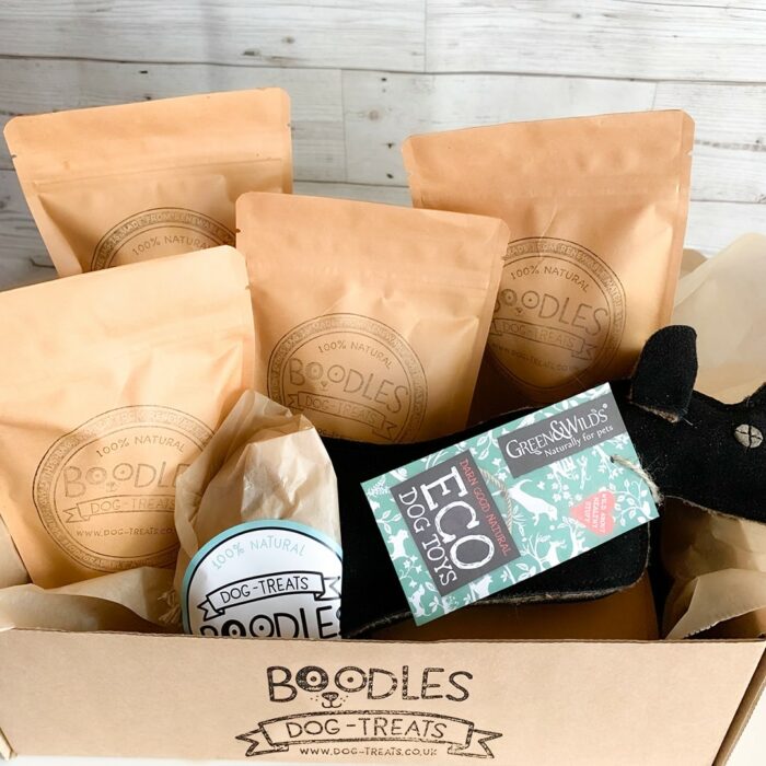 Boodles puppy natural dog chews gift box filled with a variety of meat chew pouches all made with 100% natural produce